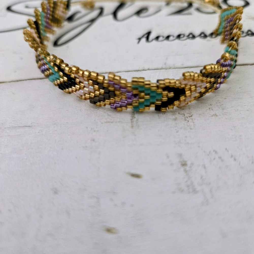 Miyuki Gold Beaded Chevron Adjustable Bracelet with Turquoise and Lavender